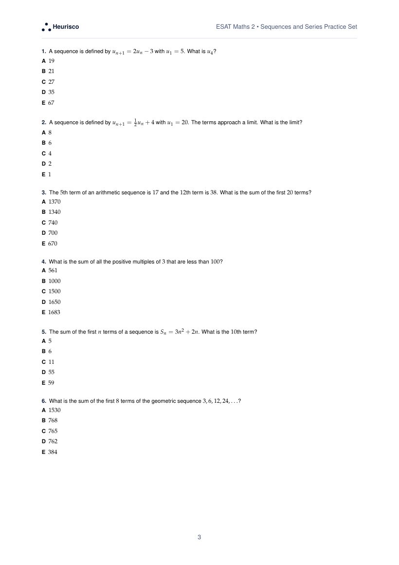 Page 3 of the question paper for ESAT Maths 2: Sequences and series: the first questions, laid out as in the real test.