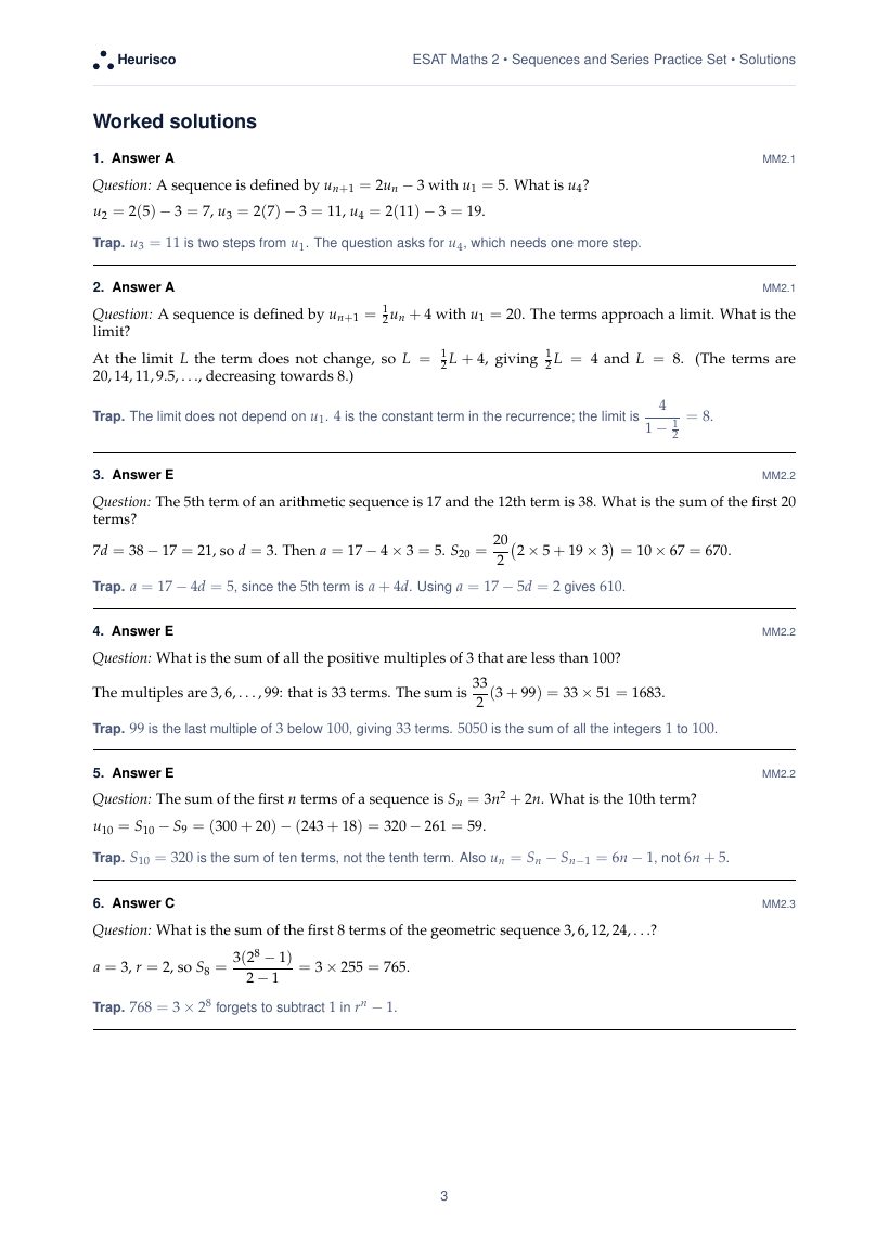Page 3 of the worked solutions for ESAT Maths 2: Sequences and series: the answer, a step-by-step solution and the trap for each question.