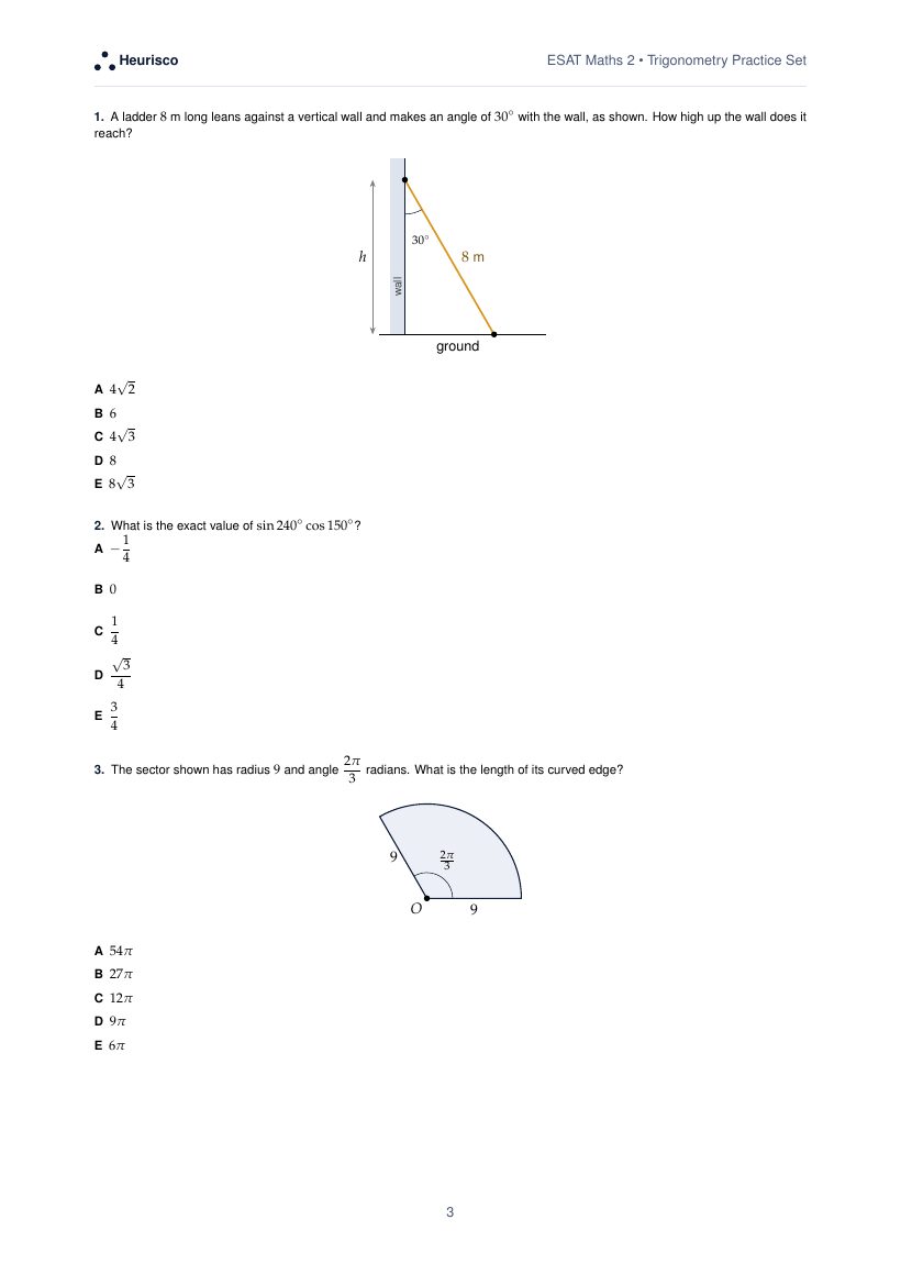 Page 3 of the question paper for ESAT Maths 2: Trigonometry: the first questions, laid out as in the real test.
