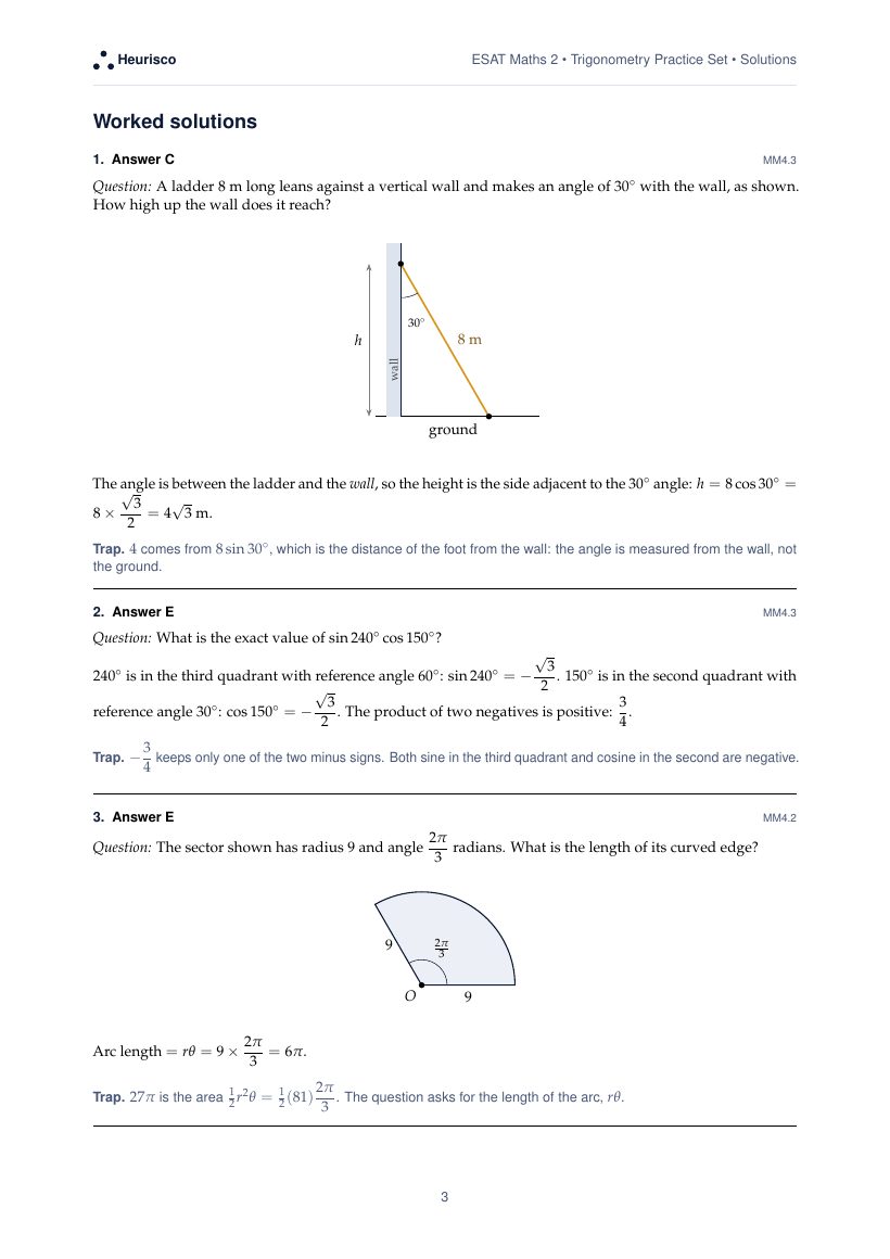 Page 3 of the worked solutions for ESAT Maths 2: Trigonometry: the answer, a step-by-step solution and the trap for each question.