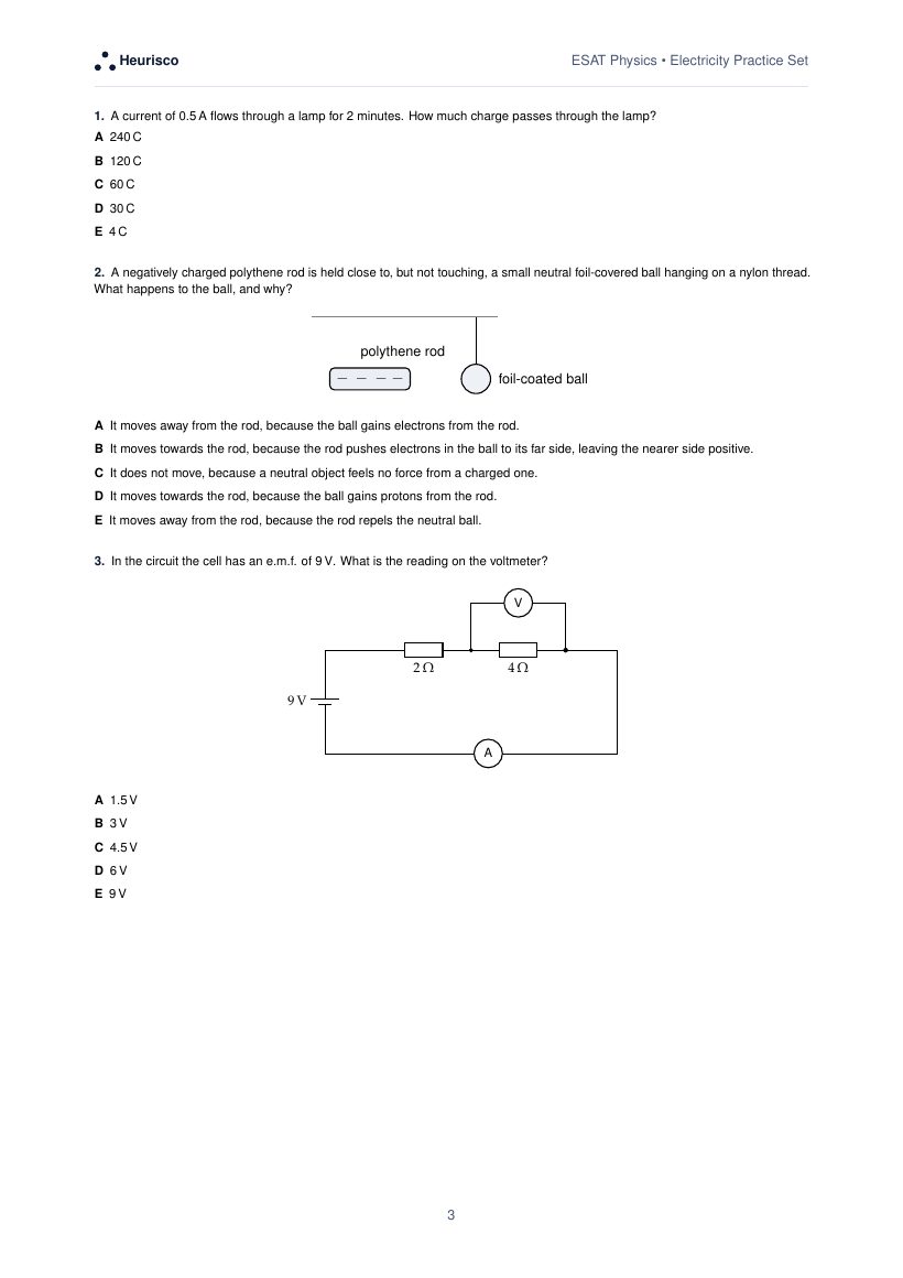 Page 3 of the question paper for ESAT Physics: Electricity: the first questions, laid out as in the real test.