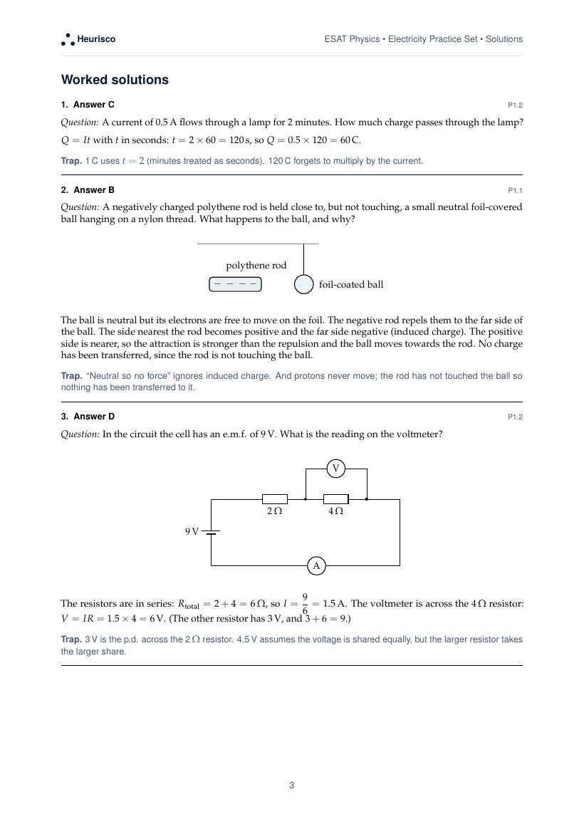 Page 3 of the worked solutions for ESAT Physics: Electricity: the answer, a step-by-step solution and the trap for each question.
