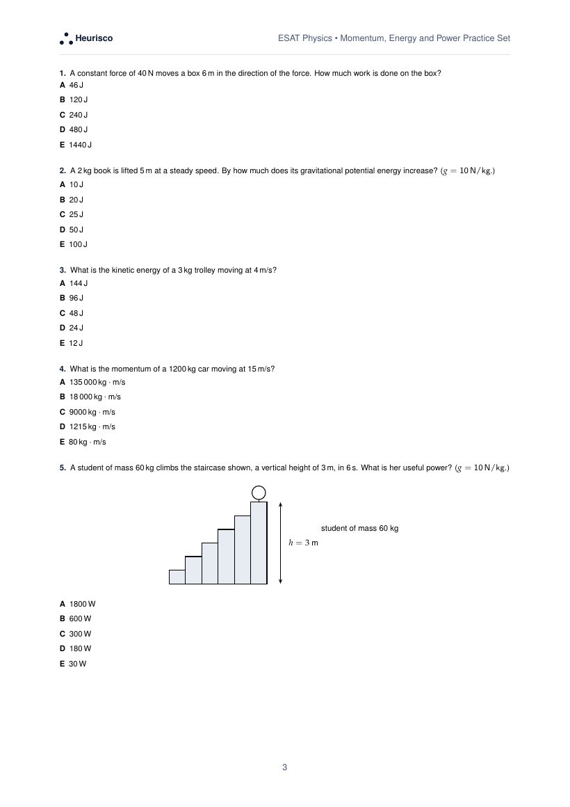 Page 3 of the question paper for ESAT Physics: Momentum, energy and power: the first questions, laid out as in the real test.