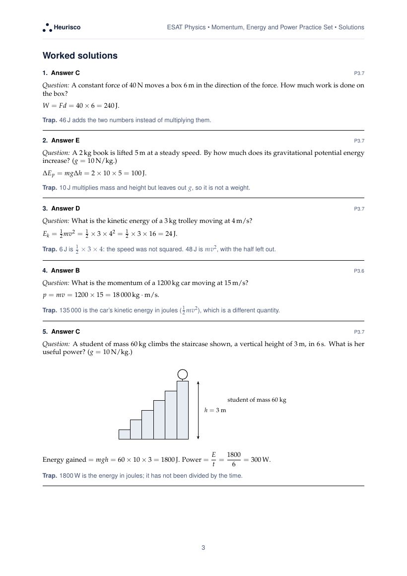 Page 3 of the worked solutions for ESAT Physics: Momentum, energy and power: the answer, a step-by-step solution and the trap for each question.