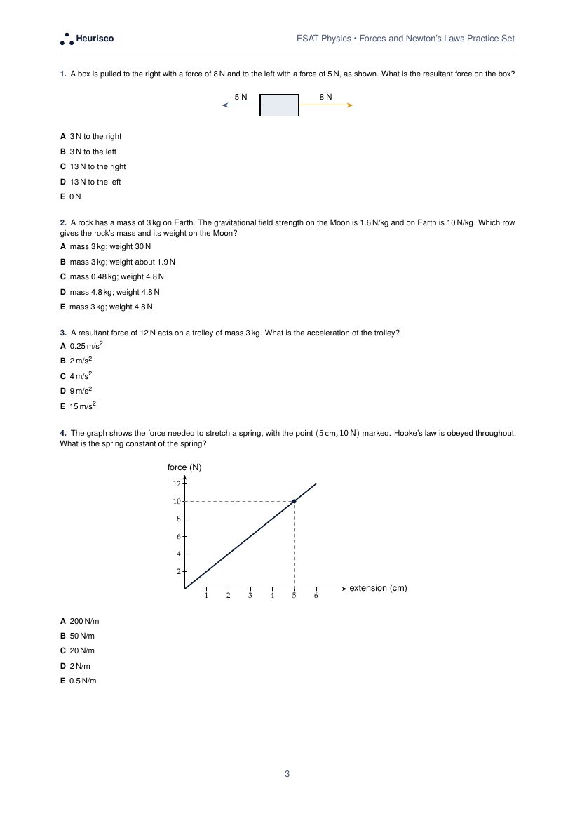 Page 3 of the question paper for ESAT Physics: Forces and Newton's laws: the first questions, laid out as in the real test.