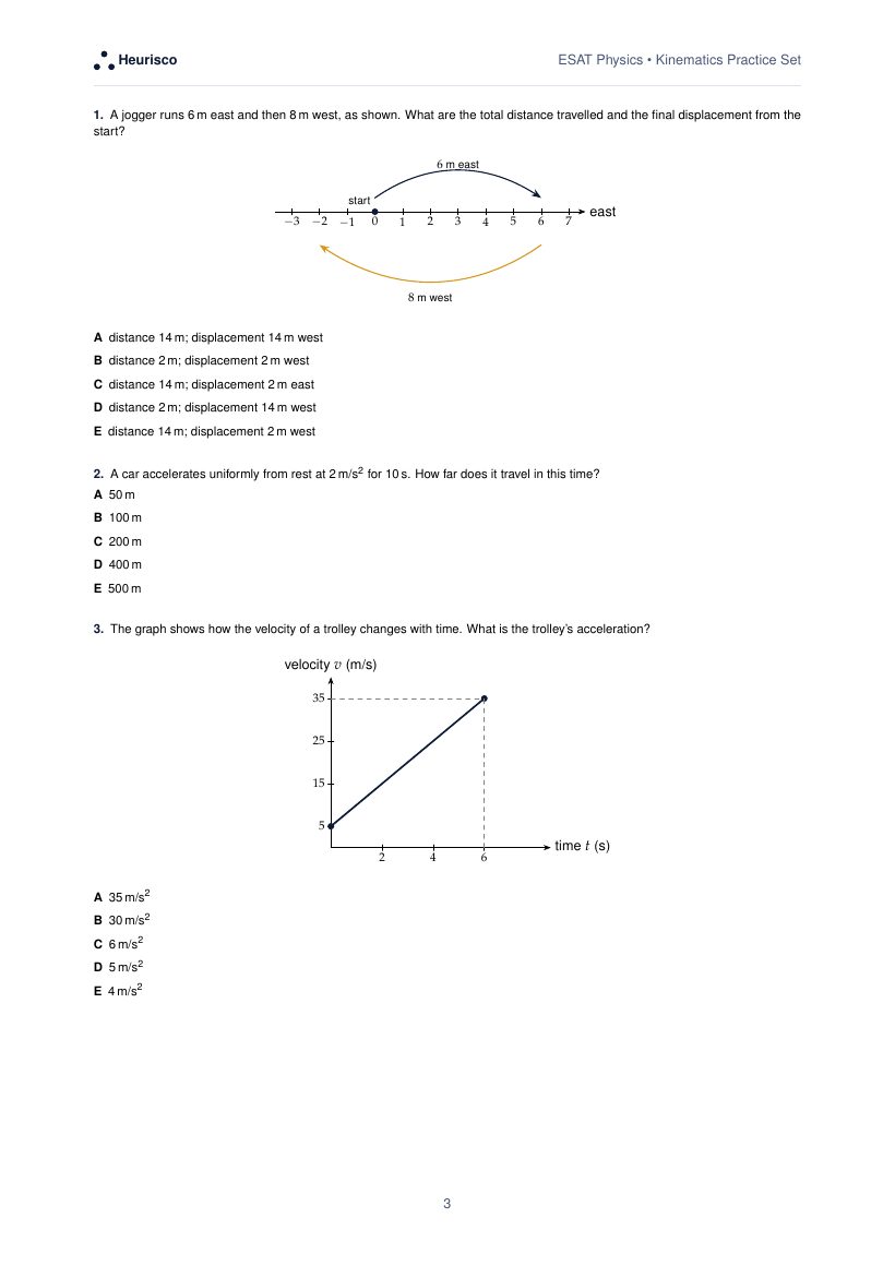Page 3 of the question paper for ESAT Physics: Kinematics: the first questions, laid out as in the real test.