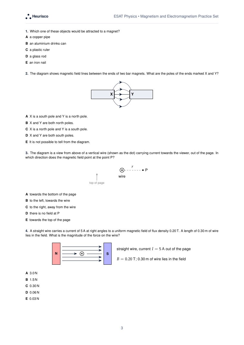 Page 3 of the question paper for ESAT Physics: Magnetism and electromagnetism: the first questions, laid out as in the real test.