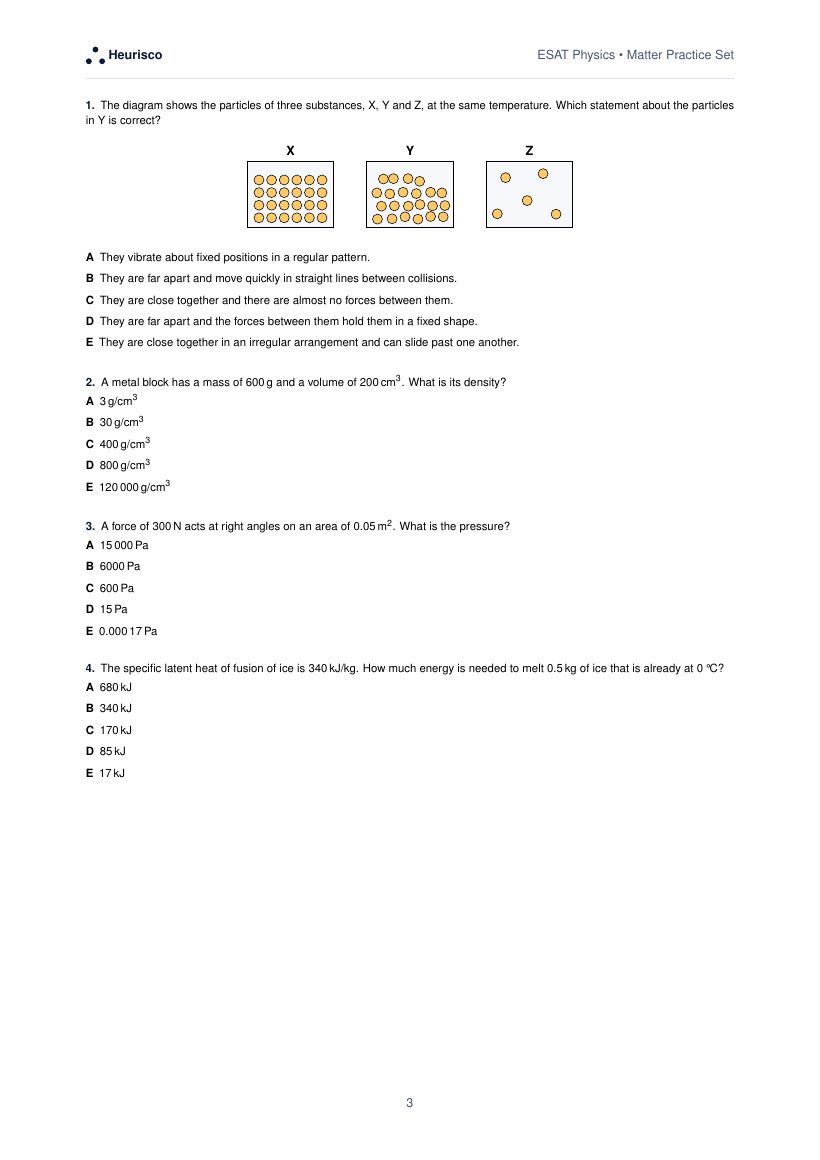 Page 3 of the question paper for ESAT Physics: Matter: the first questions, laid out as in the real test.