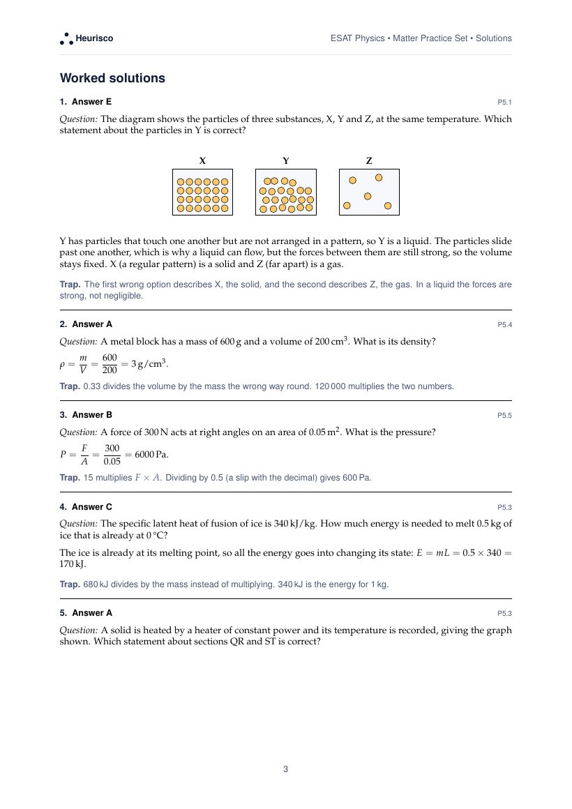 Page 3 of the worked solutions for ESAT Physics: Matter: the answer, a step-by-step solution and the trap for each question.