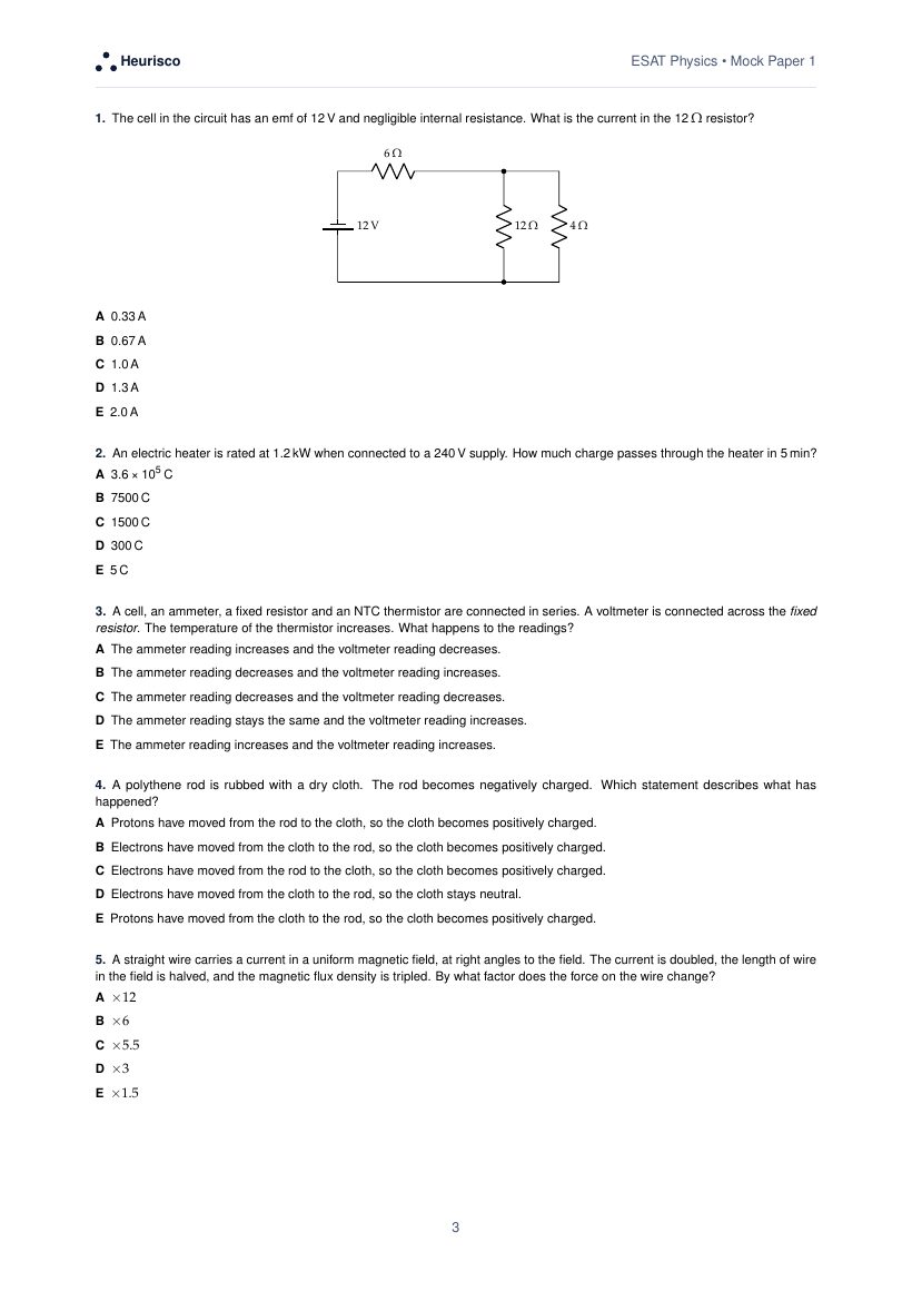 Page 3 of the question paper for ESAT Physics: Mock Paper 1: the first questions, laid out as in the real test.
