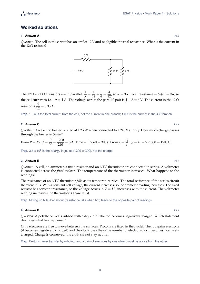 Page 3 of the worked solutions for ESAT Physics: Mock Paper 1: the answer, a step-by-step solution and the trap for each question.