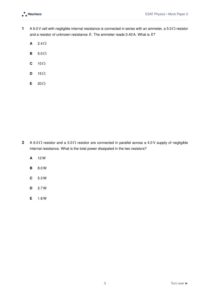 Page 3 of the question paper for ESAT Physics: Mock Exam 2: the first questions, laid out as in the real test.