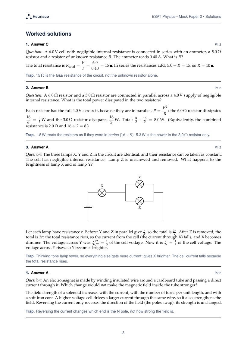 Page 3 of the worked solutions for ESAT Physics: Mock Exam 2: the answer, a step-by-step solution and the trap for each question.