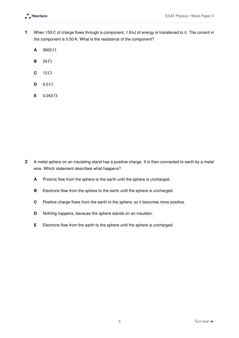 Page 3 of the question paper for ESAT Physics: Mock Exam 3: the first questions, laid out as in the real test.
