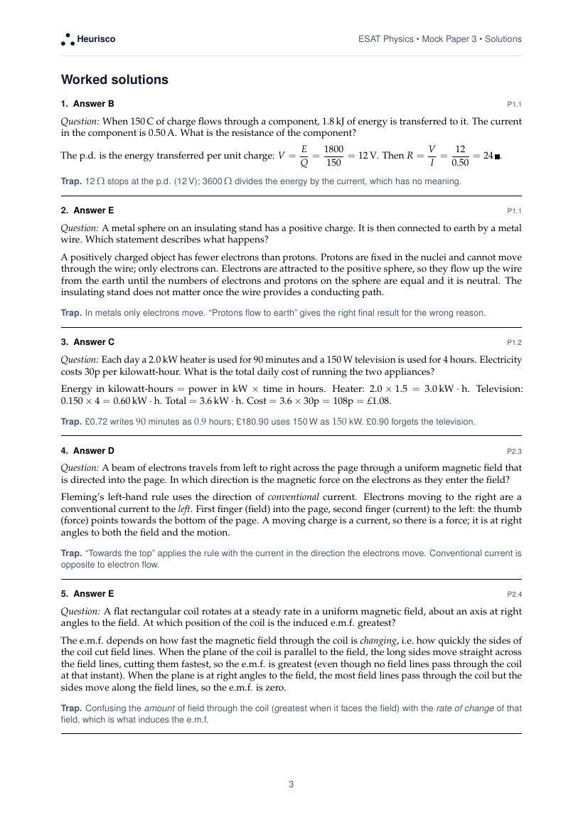 Page 3 of the worked solutions for ESAT Physics: Mock Exam 3: the answer, a step-by-step solution and the trap for each question.