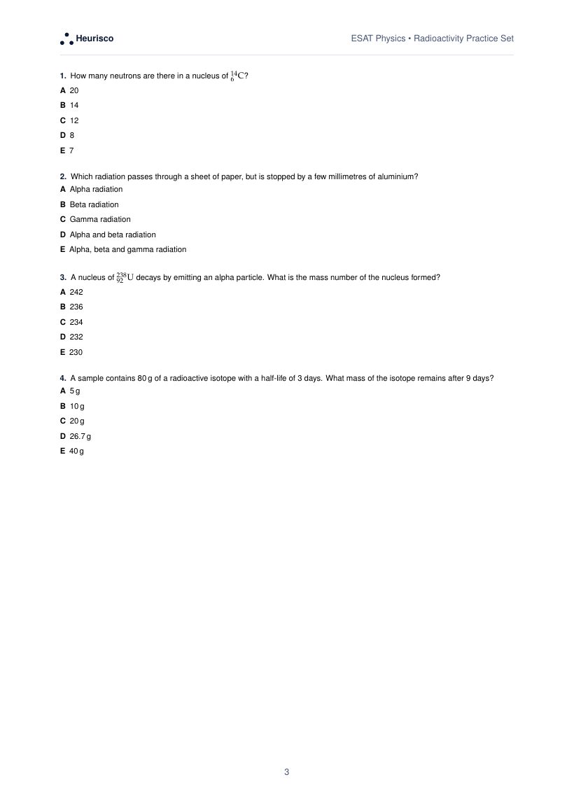 Page 3 of the question paper for ESAT Physics: Radioactivity: the first questions, laid out as in the real test.