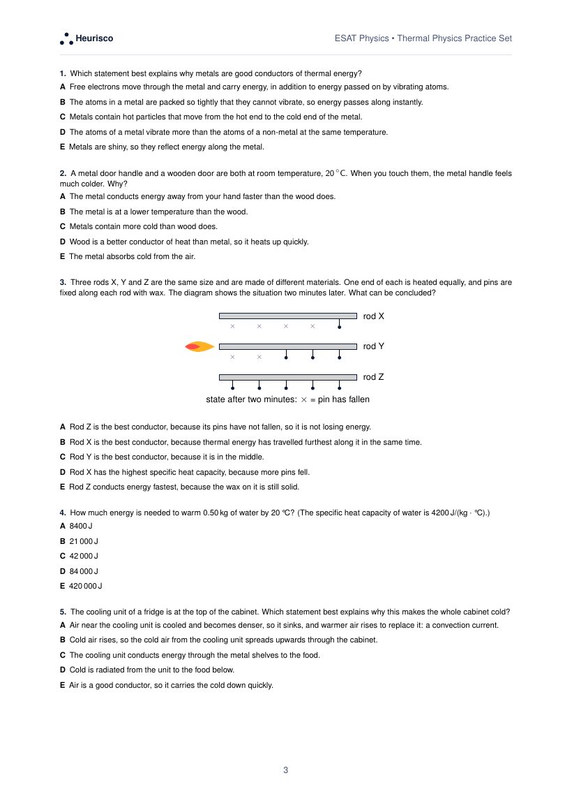 Page 3 of the question paper for ESAT Physics: Thermal physics: the first questions, laid out as in the real test.