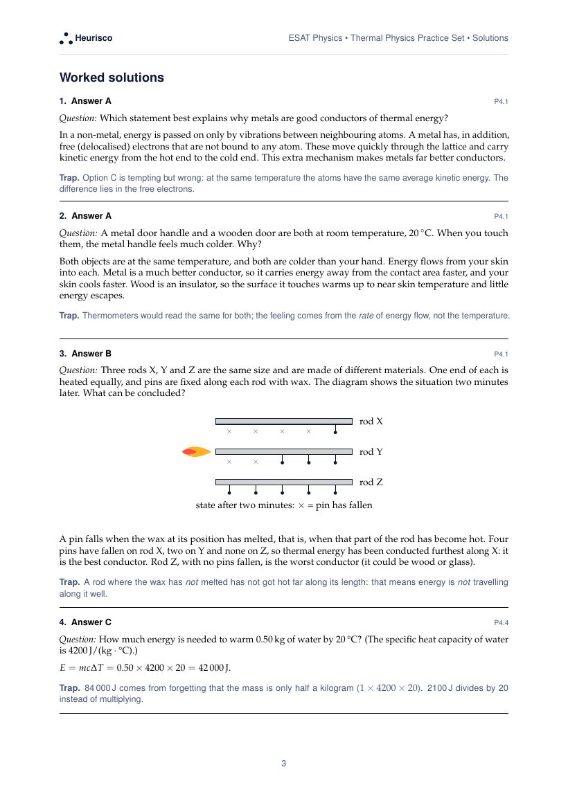 Page 3 of the worked solutions for ESAT Physics: Thermal physics: the answer, a step-by-step solution and the trap for each question.