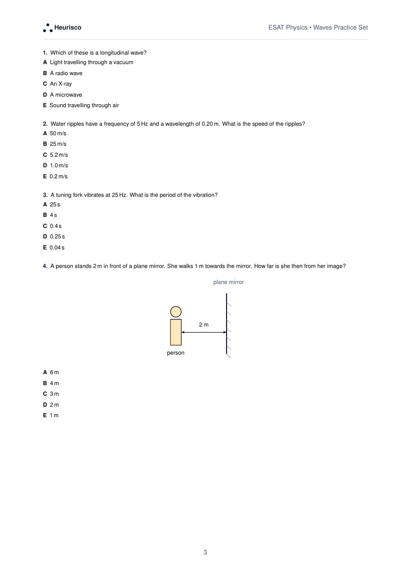 Page 3 of the question paper for ESAT Physics: Waves: the first questions, laid out as in the real test.
