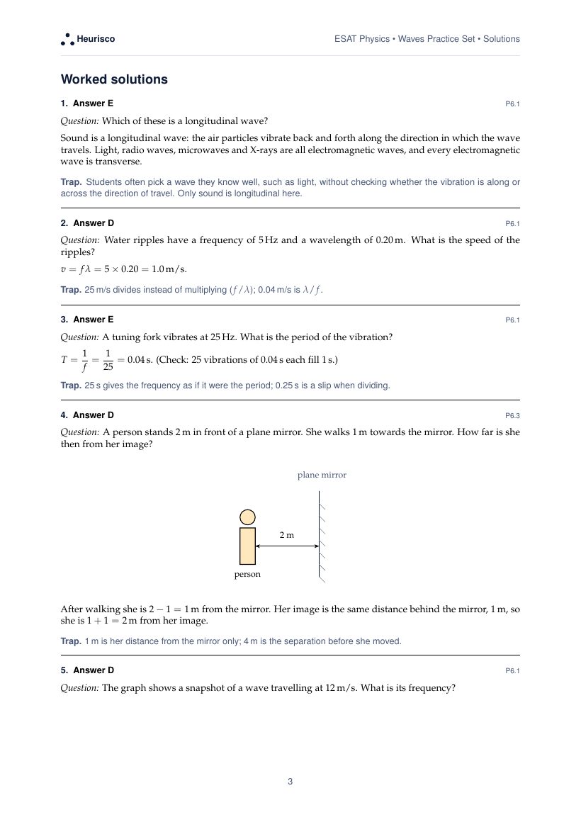 Page 3 of the worked solutions for ESAT Physics: Waves: the answer, a step-by-step solution and the trap for each question.