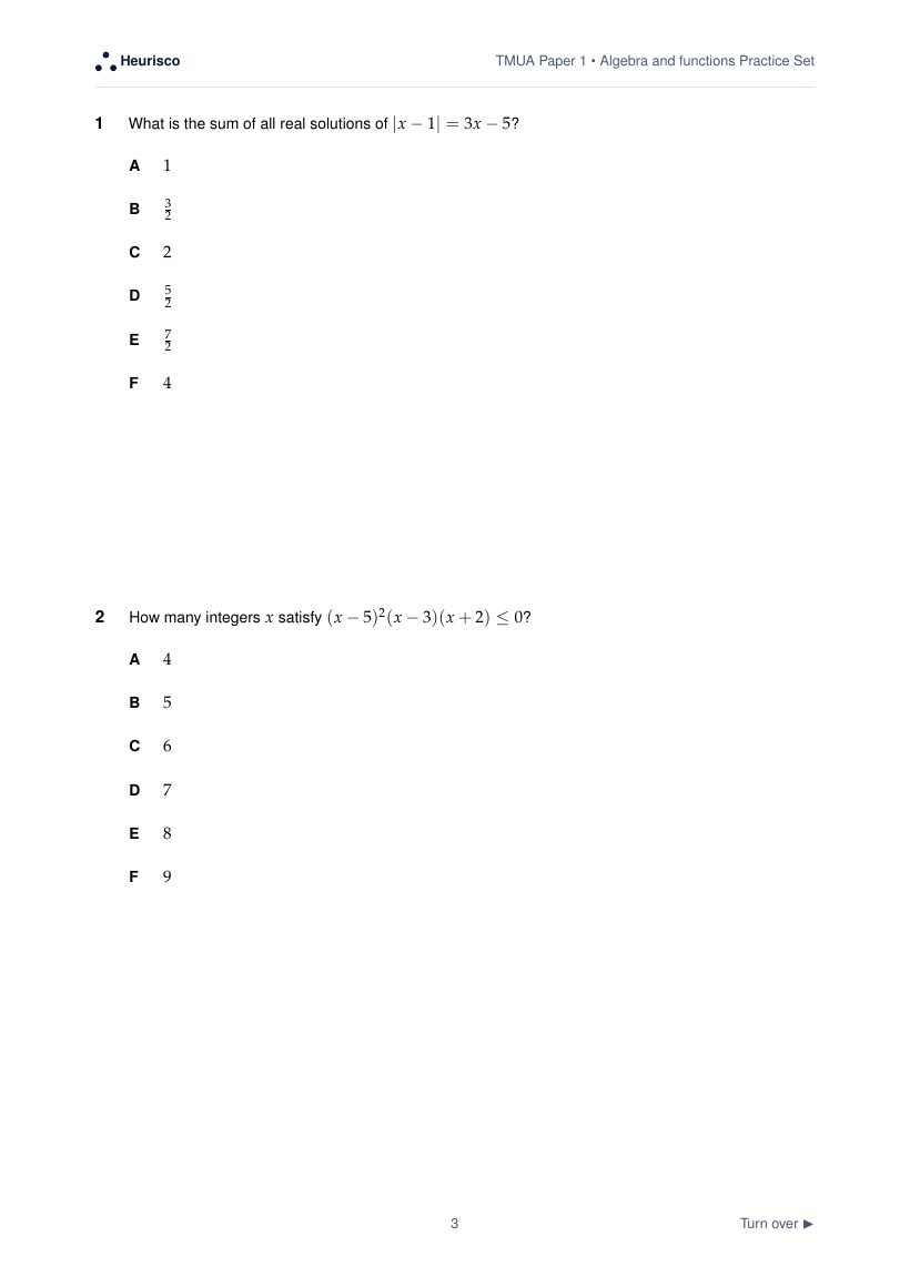 Page 3 of the question paper for TMUA Paper 1: Algebra and functions: the first questions, laid out as in the real test.
