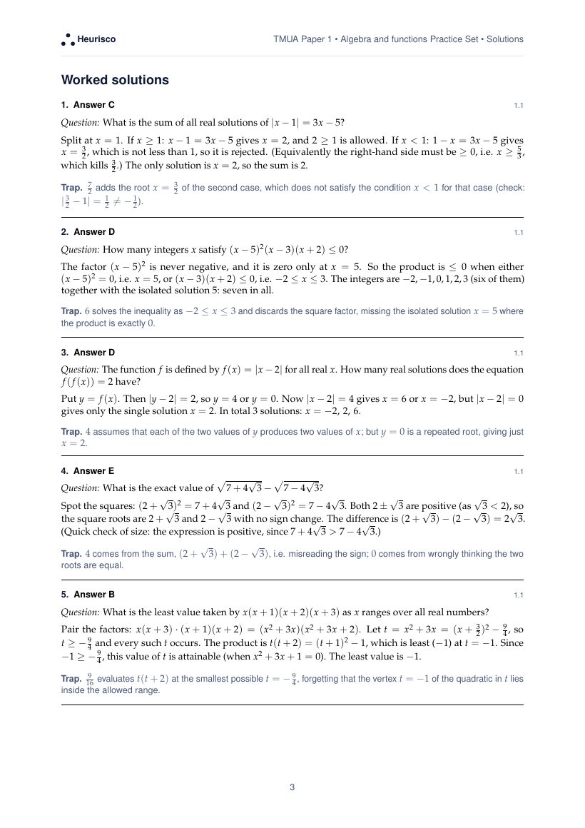 Page 3 of the worked solutions for TMUA Paper 1: Algebra and functions: the answer, a step-by-step solution and the trap for each question.