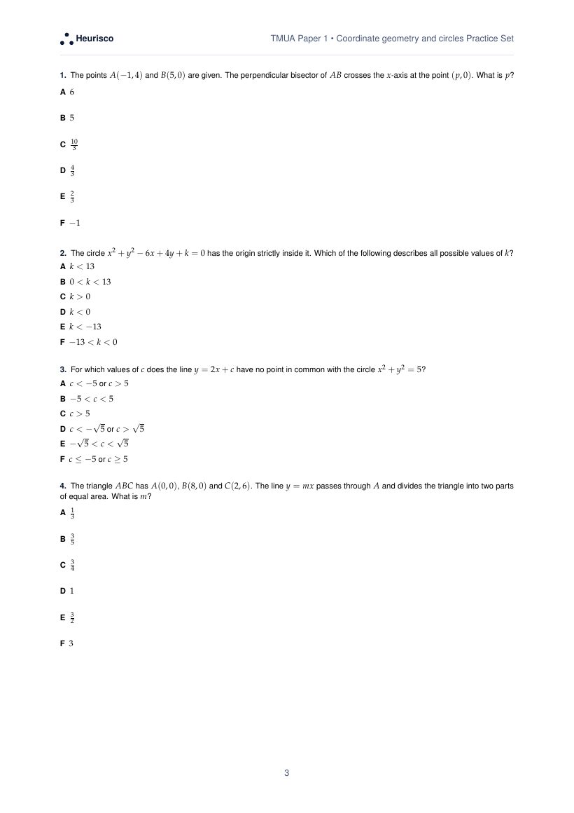 Page 3 of the question paper for TMUA Paper 1: Coordinate geometry and circles: the first questions, laid out as in the real test.