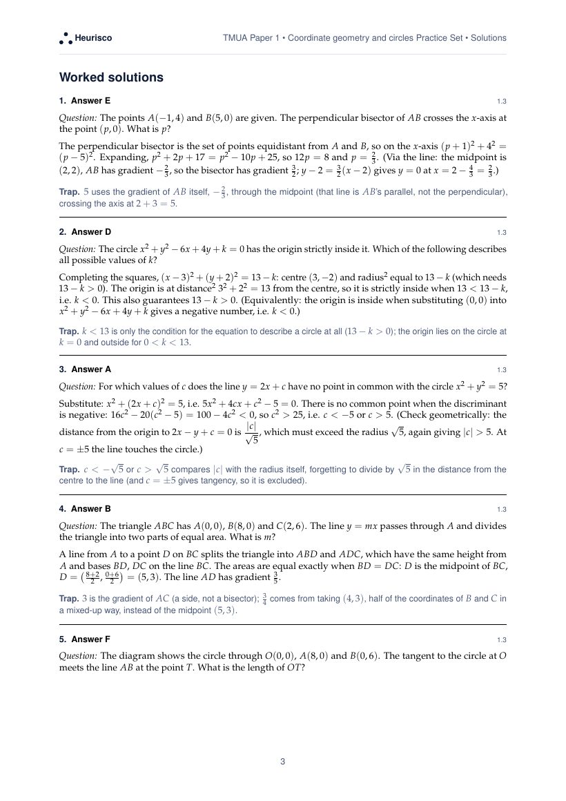 Page 3 of the worked solutions for TMUA Paper 1: Coordinate geometry and circles: the answer, a step-by-step solution and the trap for each question.