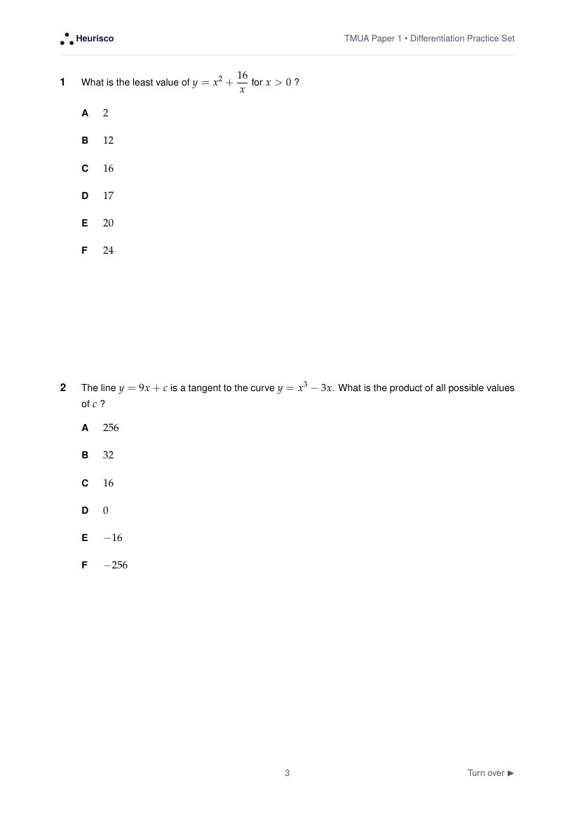 Page 3 of the question paper for TMUA Paper 1: Differentiation: the first questions, laid out as in the real test.