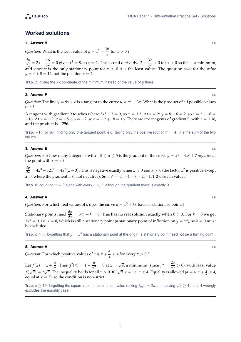 Page 3 of the worked solutions for TMUA Paper 1: Differentiation: the answer, a step-by-step solution and the trap for each question.