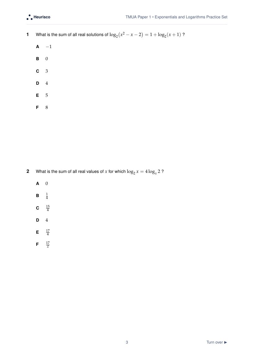 Page 3 of the question paper for TMUA Paper 1: Exponentials and logarithms: the first questions, laid out as in the real test.
