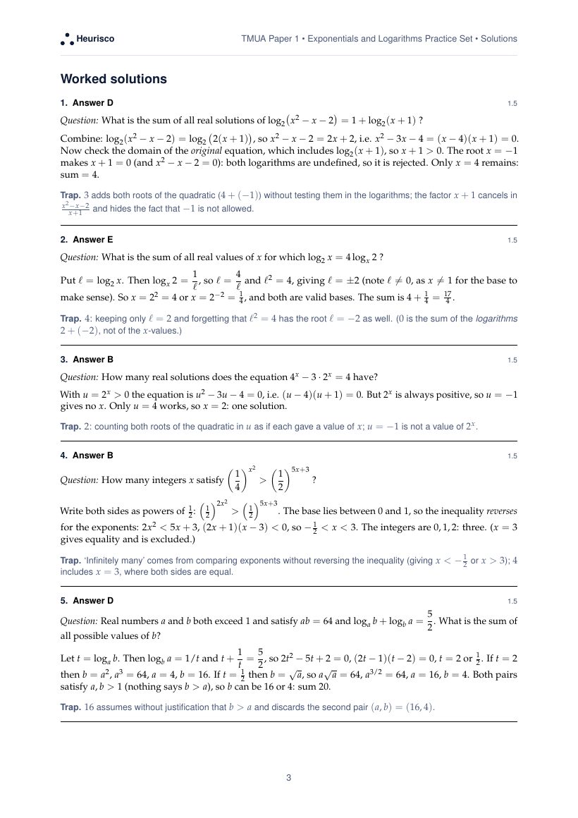 Page 3 of the worked solutions for TMUA Paper 1: Exponentials and logarithms: the answer, a step-by-step solution and the trap for each question.