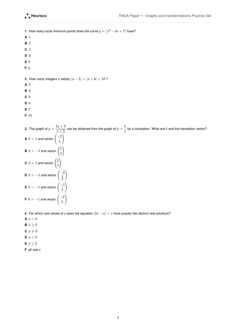 Page 3 of the question paper for TMUA Paper 1: Graphs and transformations: the first questions, laid out as in the real test.