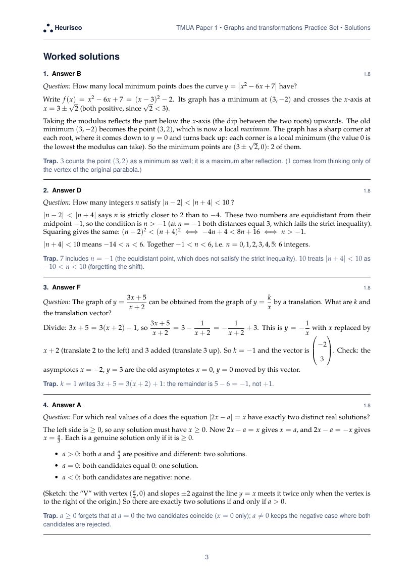 Page 3 of the worked solutions for TMUA Paper 1: Graphs and transformations: the answer, a step-by-step solution and the trap for each question.