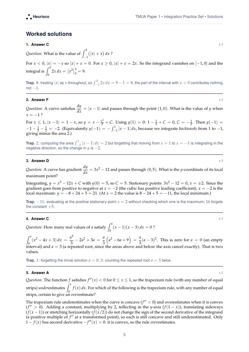 Page 3 of the worked solutions for TMUA Paper 1: Integration: the answer, a step-by-step solution and the trap for each question.