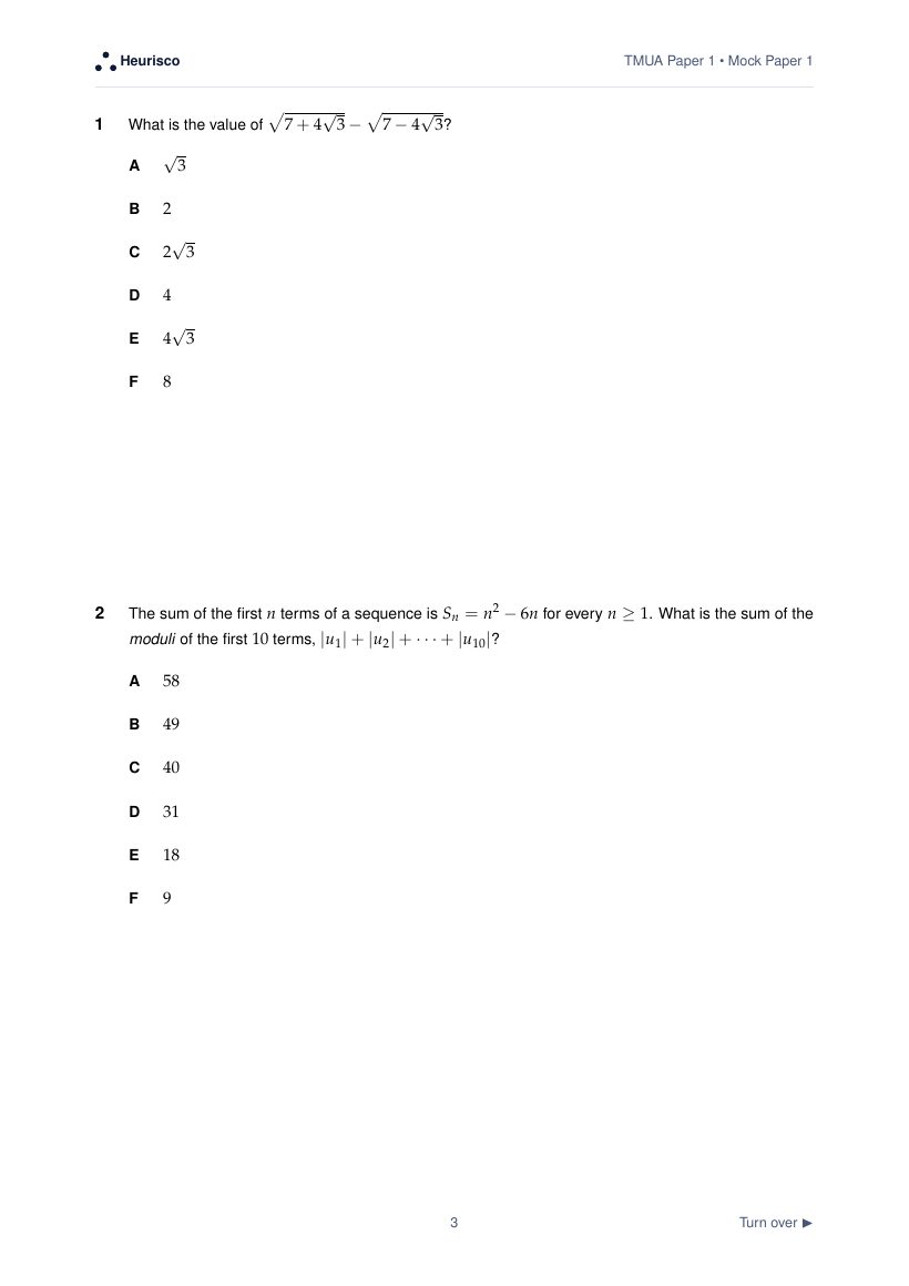 Page 3 of the question paper for TMUA Paper 1: Mock Exam 1: the first questions, laid out as in the real test.