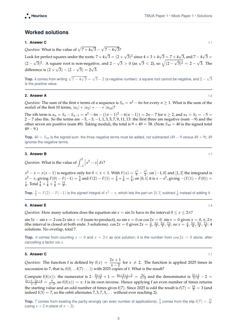 Page 3 of the worked solutions for TMUA Paper 1: Mock Exam 1: the answer, a step-by-step solution and the trap for each question.
