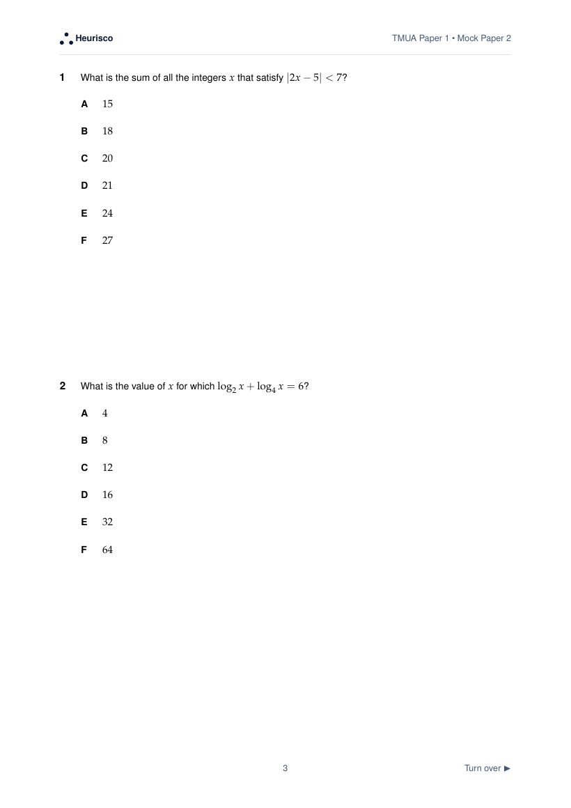 Page 3 of the question paper for TMUA Paper 1: Mock Exam 2: the first questions, laid out as in the real test.
