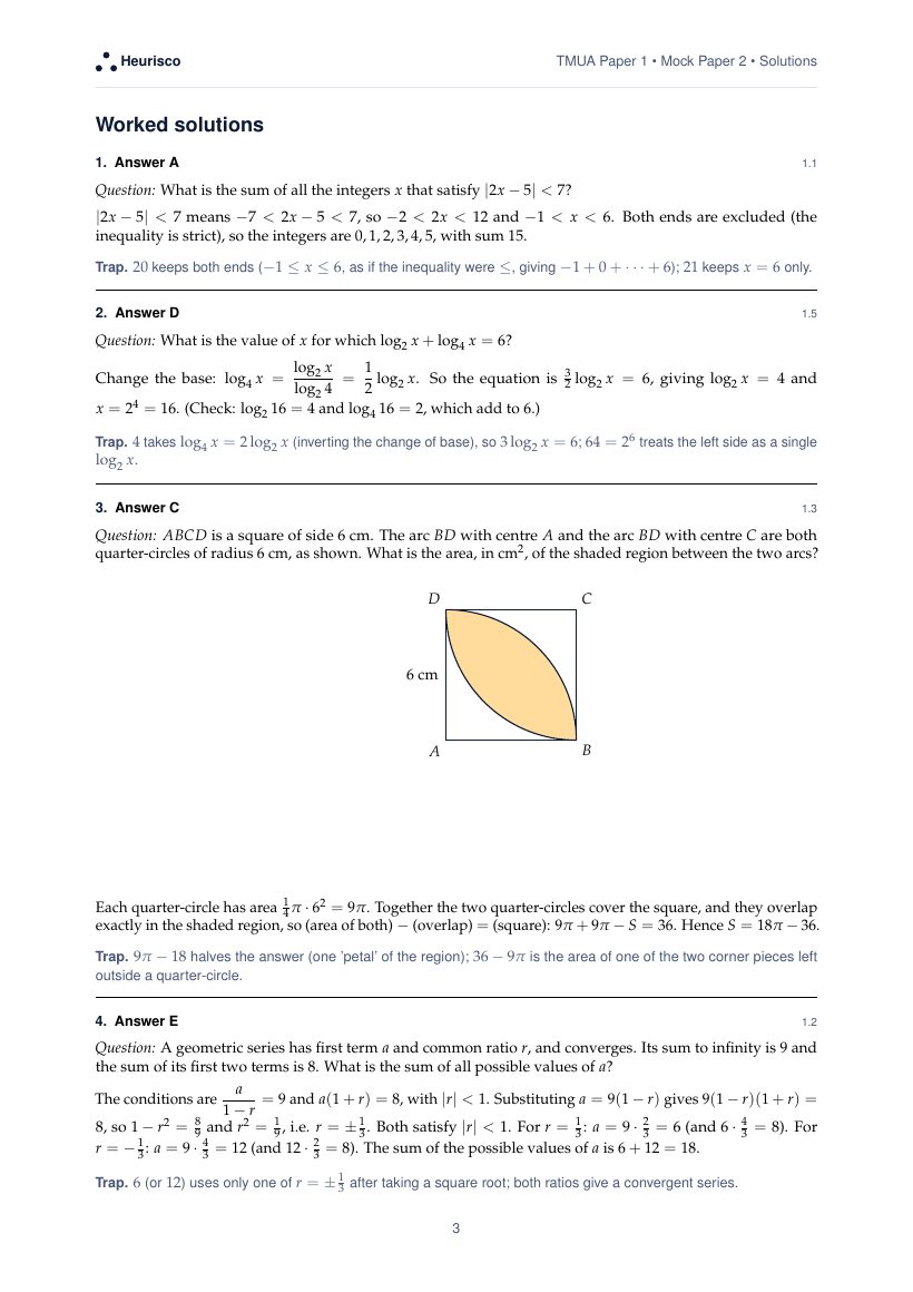 Page 3 of the worked solutions for TMUA Paper 1: Mock Exam 2: the answer, a step-by-step solution and the trap for each question.