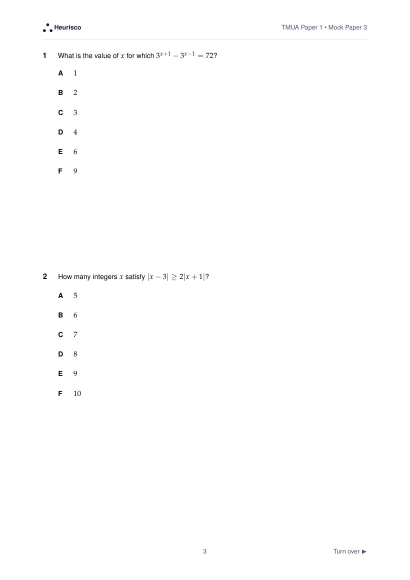 Page 3 of the question paper for TMUA Paper 1: Mock Exam 3: the first questions, laid out as in the real test.