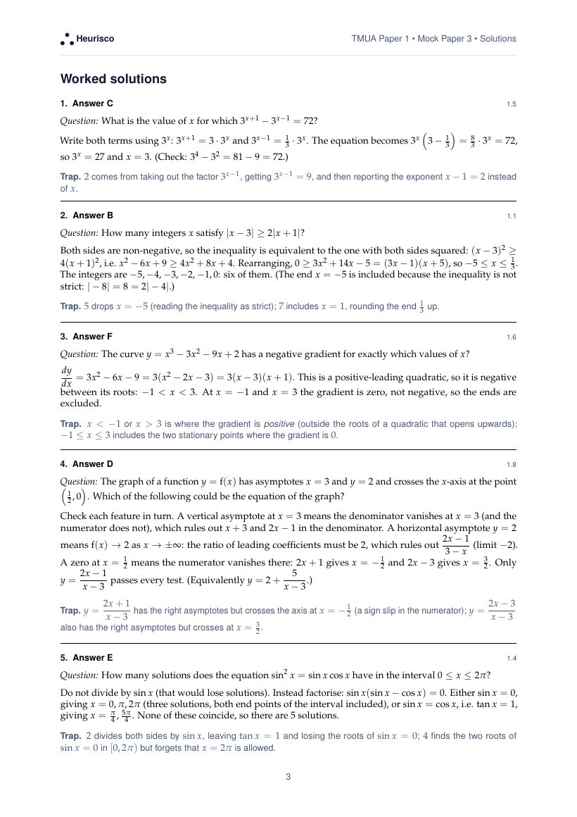 Page 3 of the worked solutions for TMUA Paper 1: Mock Exam 3: the answer, a step-by-step solution and the trap for each question.