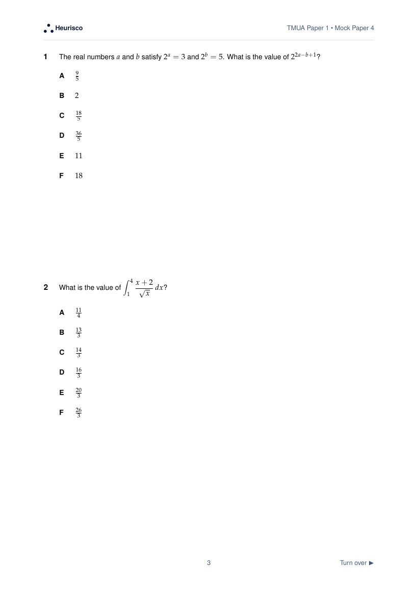 Page 3 of the question paper for TMUA Paper 1: Mock Exam 4: the first questions, laid out as in the real test.
