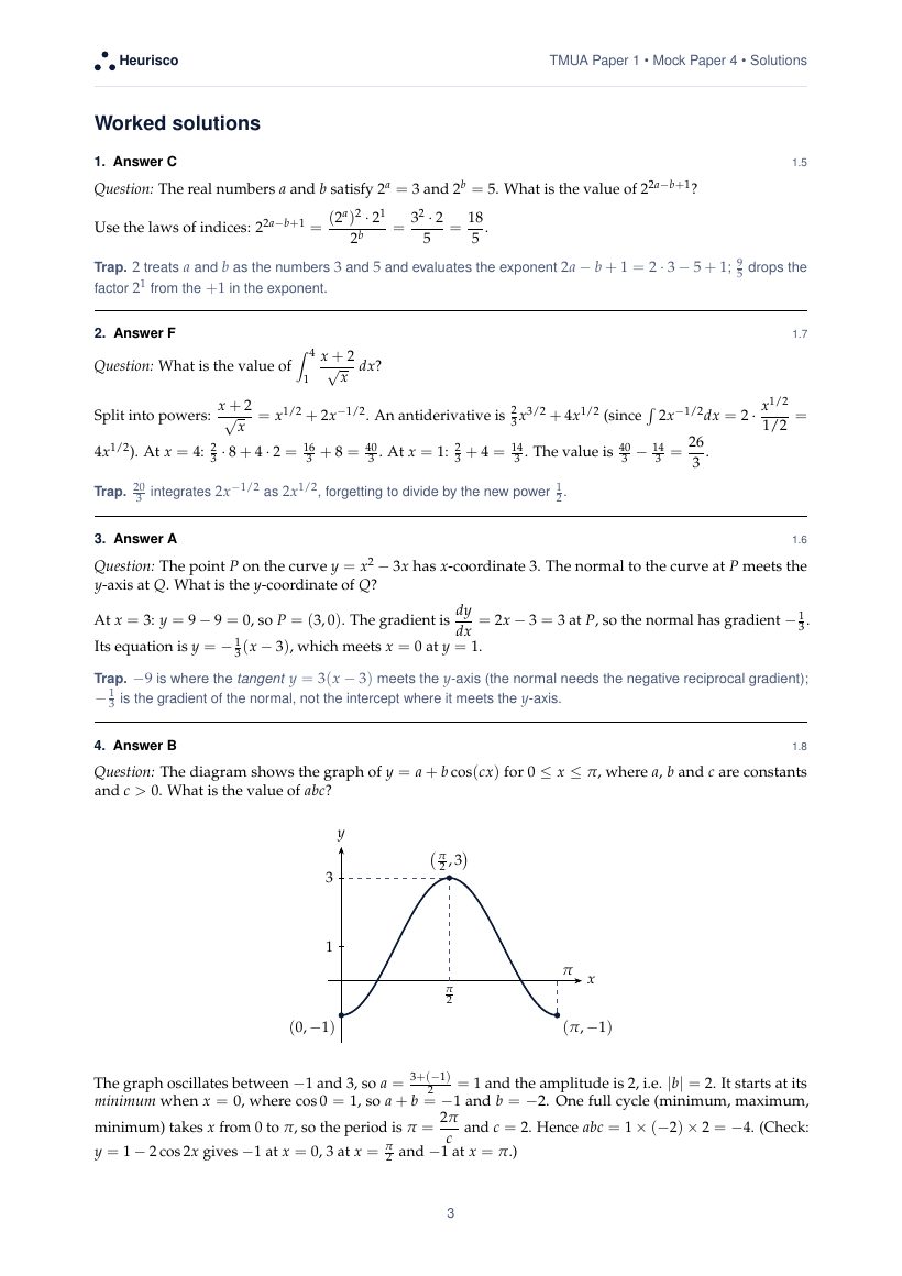 Page 3 of the worked solutions for TMUA Paper 1: Mock Exam 4: the answer, a step-by-step solution and the trap for each question.