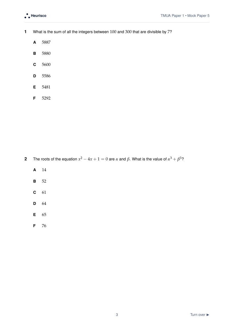 Page 3 of the question paper for TMUA Paper 1: Mock Exam 5: the first questions, laid out as in the real test.