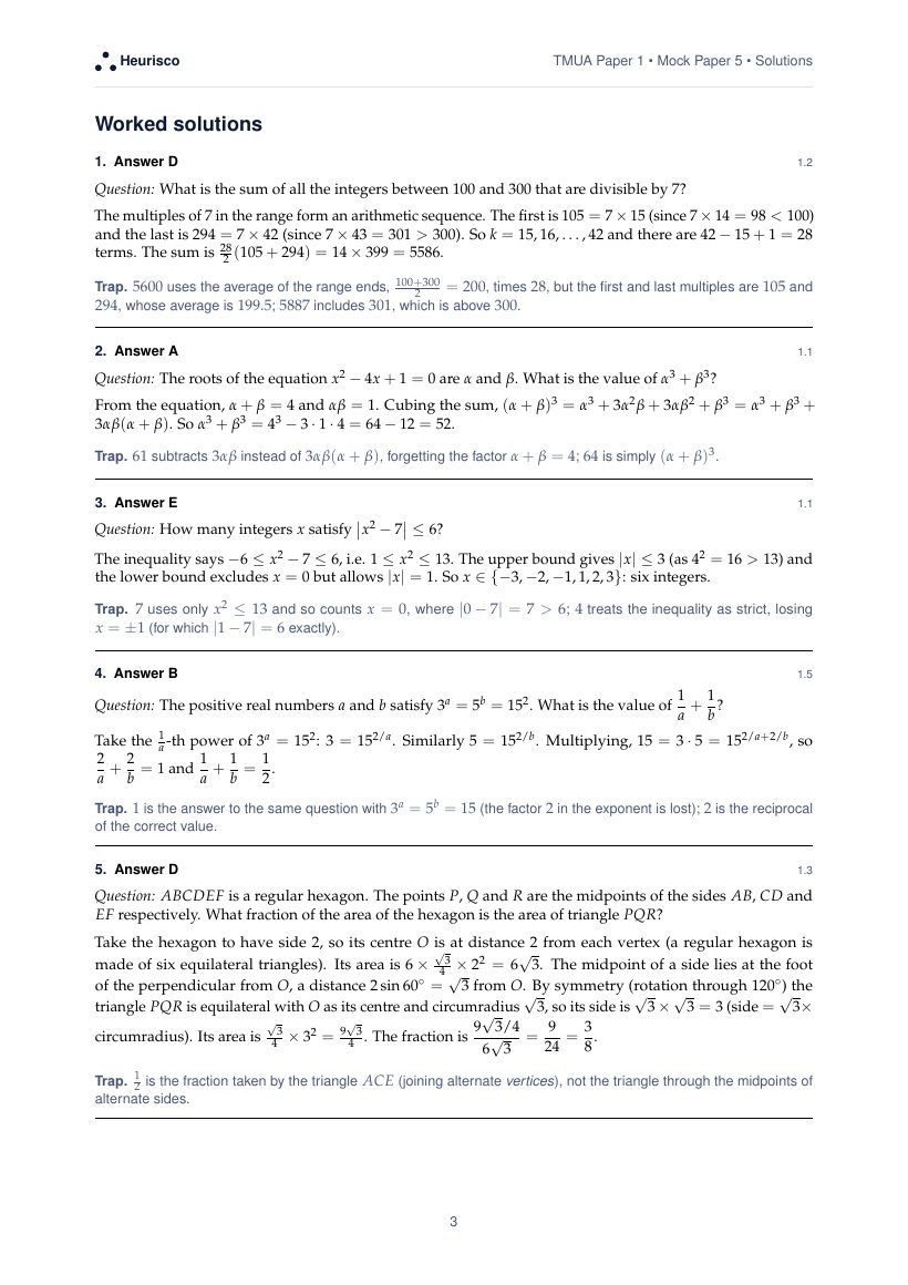 Page 3 of the worked solutions for TMUA Paper 1: Mock Exam 5: the answer, a step-by-step solution and the trap for each question.