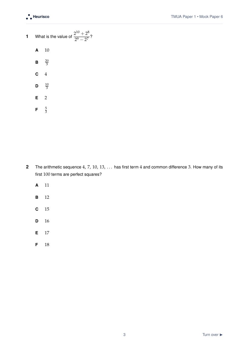 Page 3 of the question paper for TMUA Paper 1: Mock Exam 6: the first questions, laid out as in the real test.