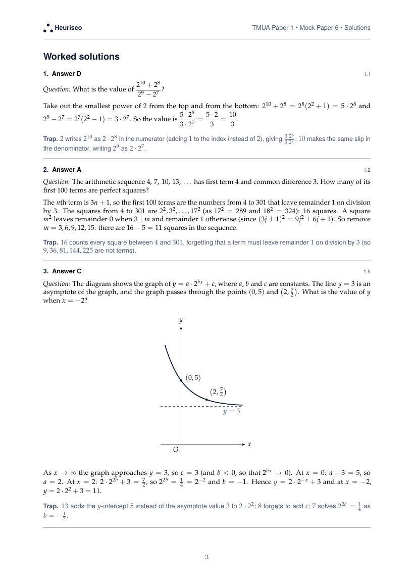 Page 3 of the worked solutions for TMUA Paper 1: Mock Exam 6: the answer, a step-by-step solution and the trap for each question.