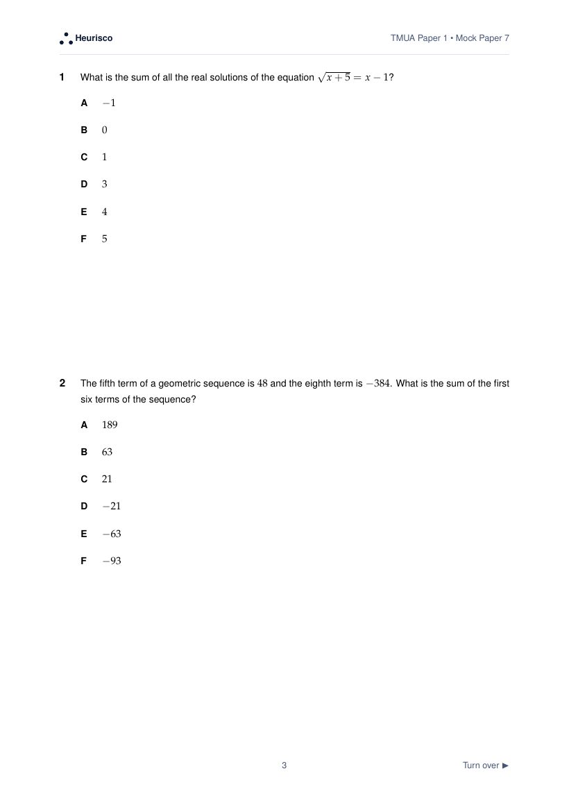 Page 3 of the question paper for TMUA Paper 1: Mock Exam 7: the first questions, laid out as in the real test.