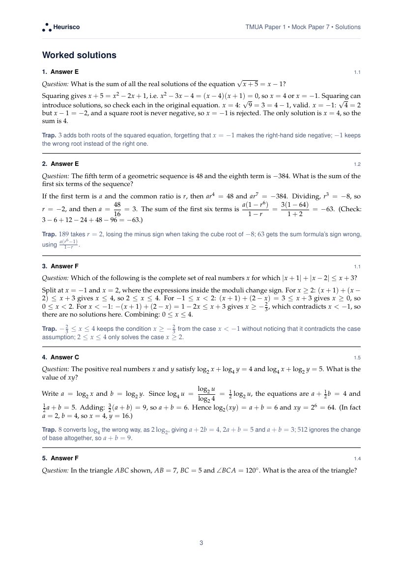 Page 3 of the worked solutions for TMUA Paper 1: Mock Exam 7: the answer, a step-by-step solution and the trap for each question.