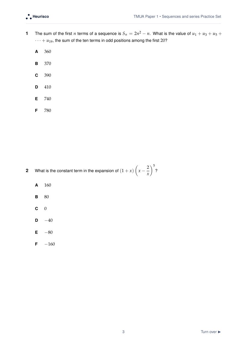 Page 3 of the question paper for TMUA Paper 1: Sequences and series: the first questions, laid out as in the real test.
